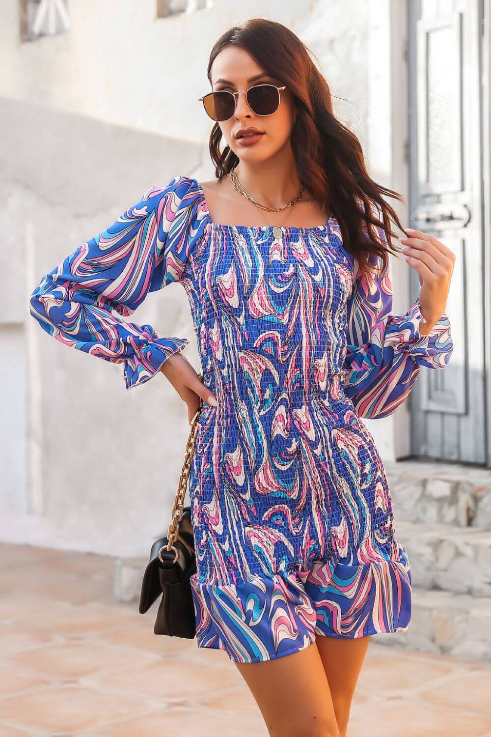 Serenity Abstract Print Square Neck Smocked Dress