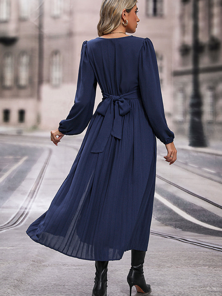 V-Neck Long-Sleeve Pleated Slit Dress