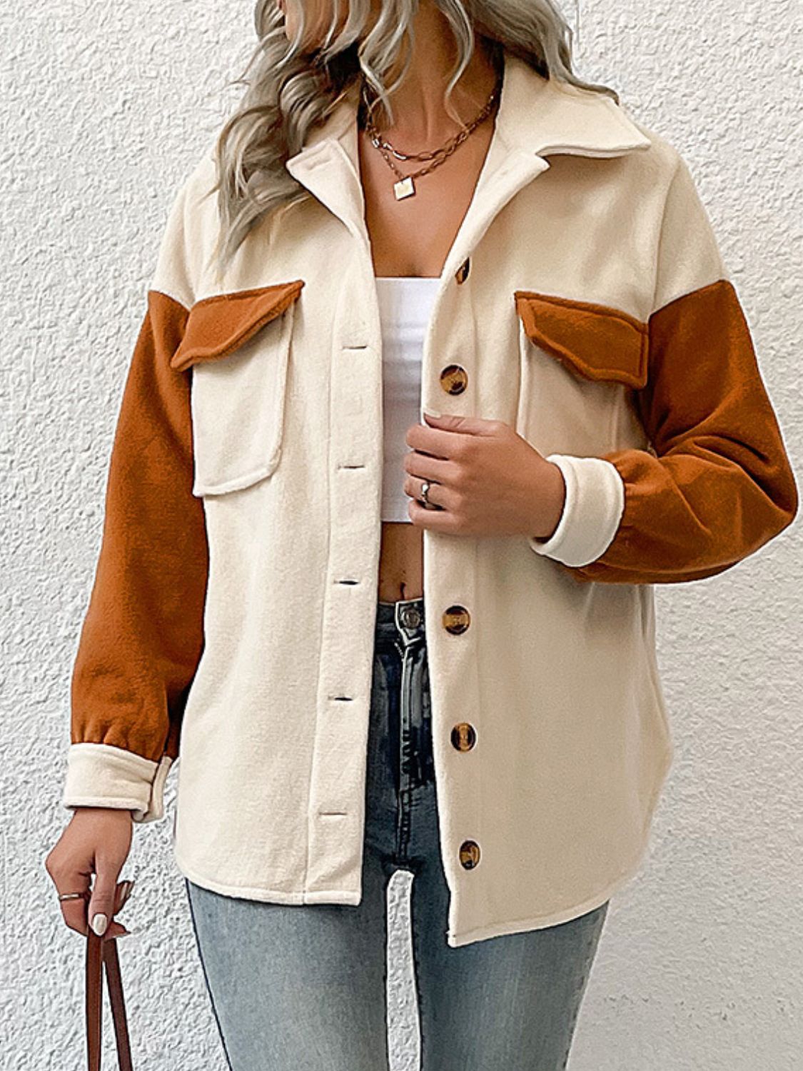 Contrast Button-Up Fleece Jacket