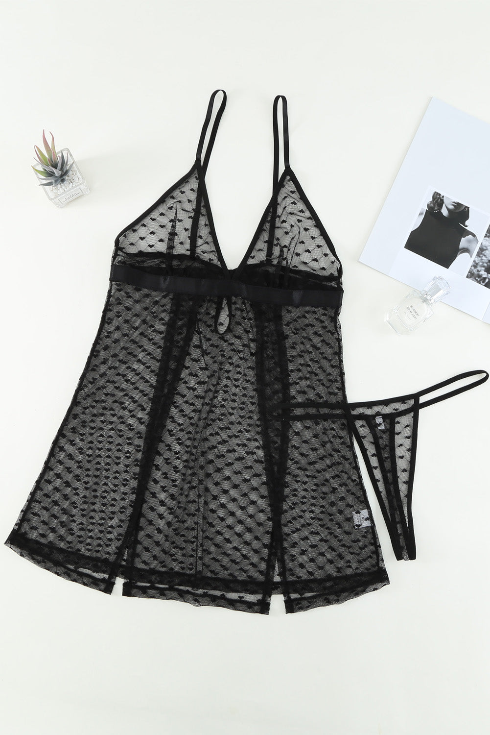 Heart Print Slit Hem Babydoll Lingerie Set With Thong