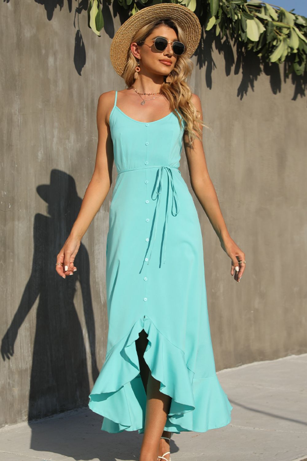 Serenity Decorative Button Spaghetti Strap Ruffle Hem Dress