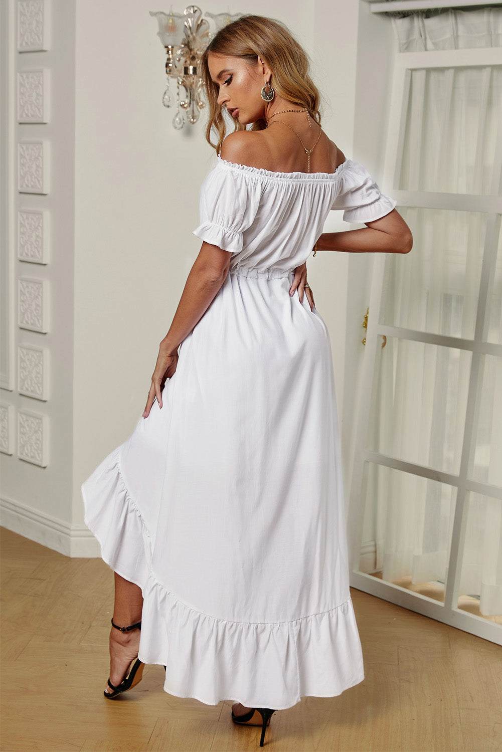 Off-Shoulder Drawstring Waist Ruffled Dress