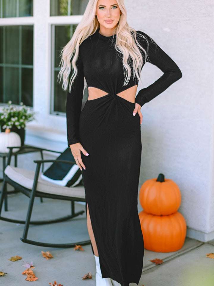 Cutout Round Neck Long-Sleeve Slit Maxi Dress