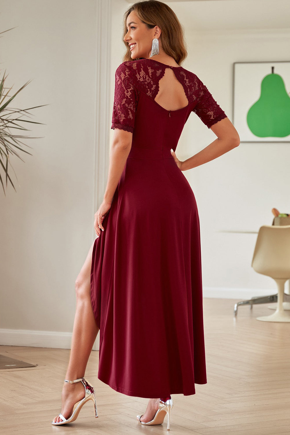 Lace Cutout V-Neck Short Sleeve Dress