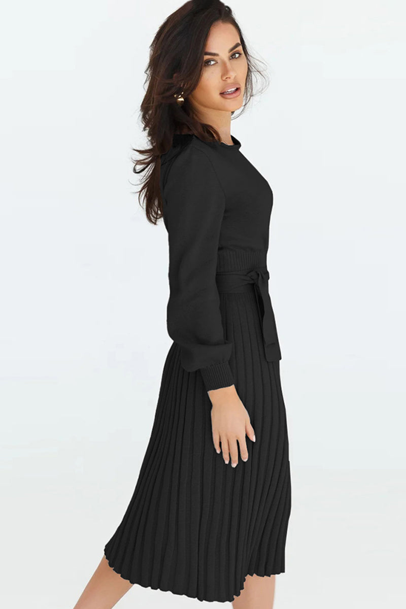 Round Neck Long-Sleeve Pleated Sweater Dress
