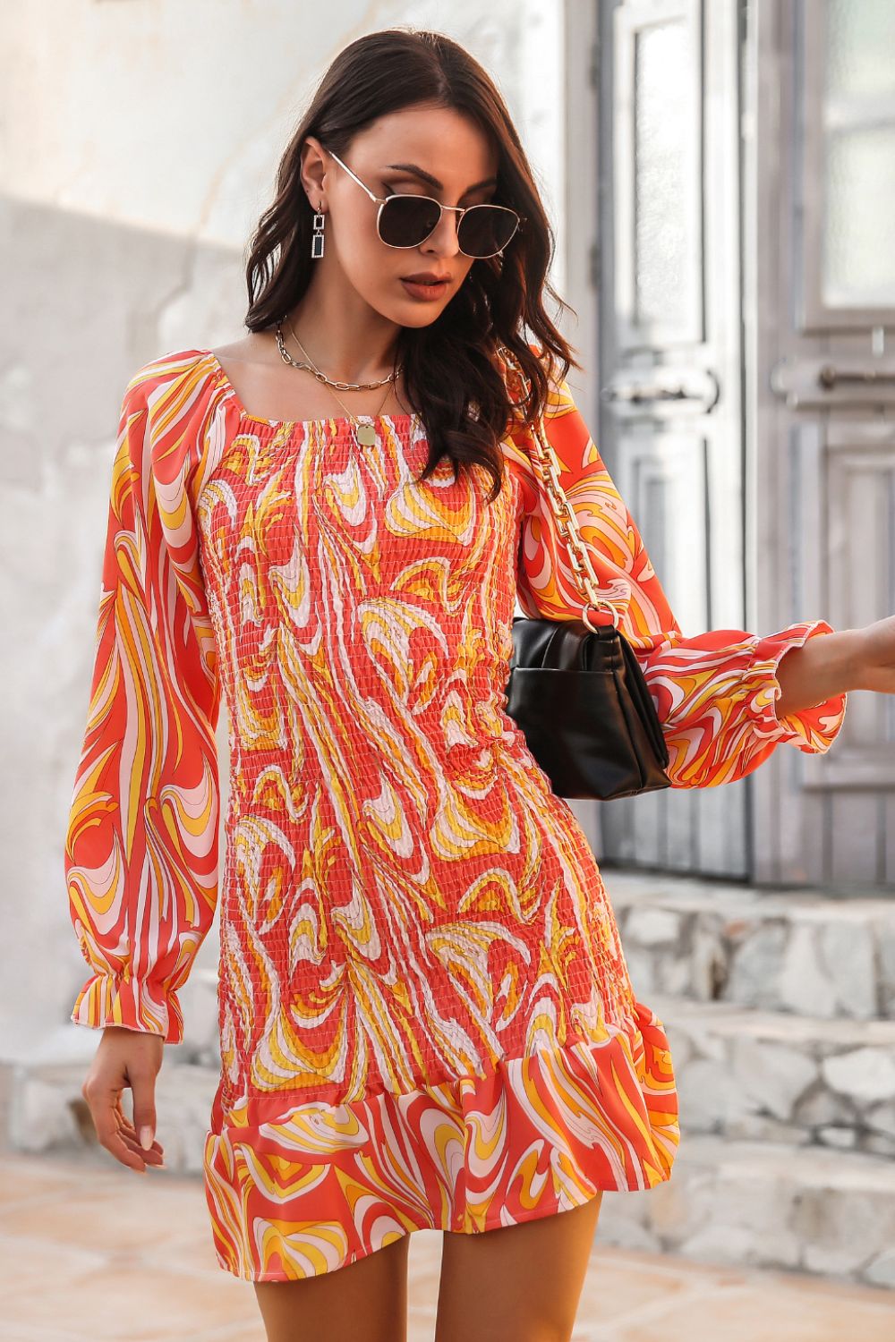 Serenity Abstract Print Square Neck Smocked Dress